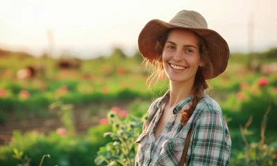 Femme ouvrière agricole souriante avec un chapeau